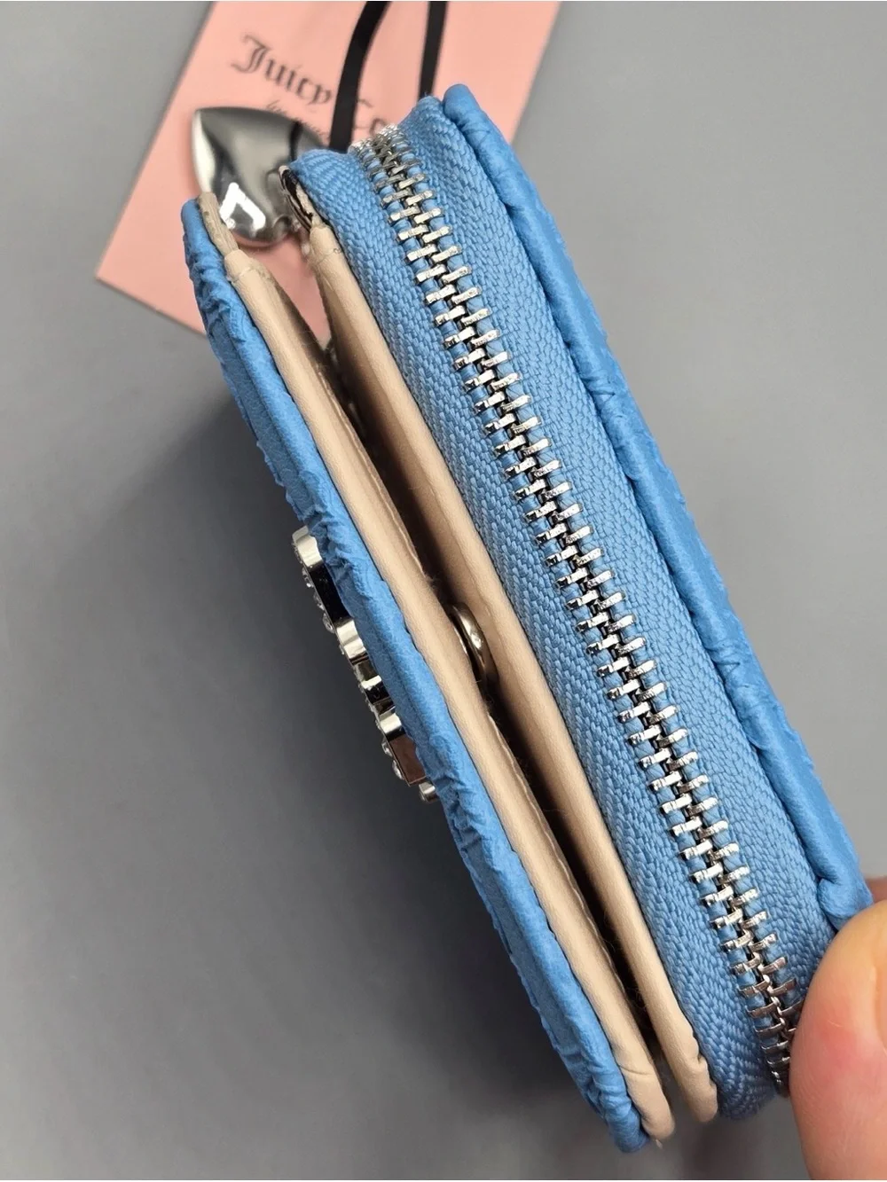 Juicy Couture Blue Embossed Zip Wallet with Rhinestone Logo
